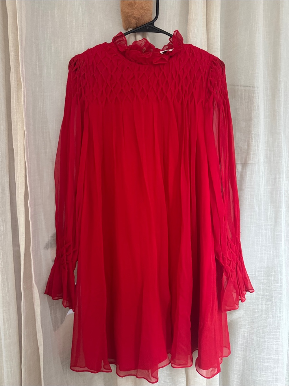 Rebecca Tylor Red Long-Sleeve Smocked Yoke Chiffon Mini Dress